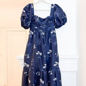 Self-Portrait Navy Blue Floral Puff Sleeve Dress